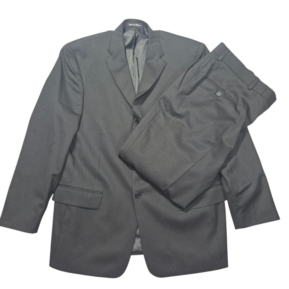 Perry Ellis Portfolio VTG Pinstripe 2pc Suit Charcoal Grey Sz 42R 37x32 Wool